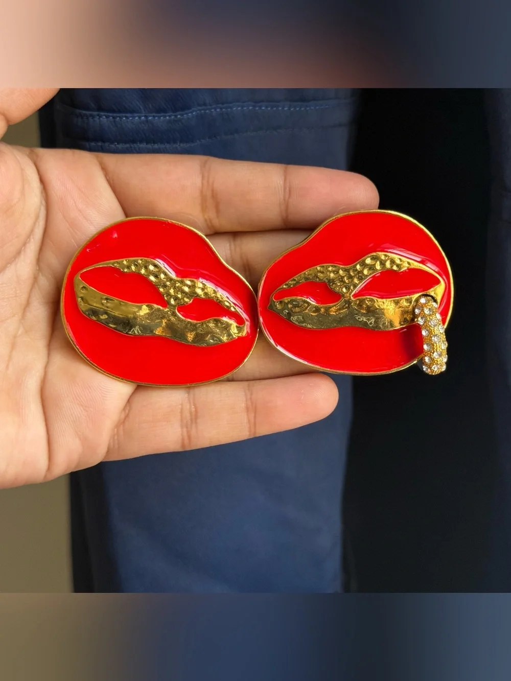 Schiaparelli Inspired Red and Gold Lip Statement Earrings